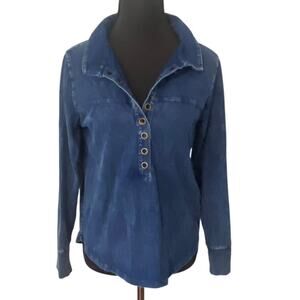 Soft Surroundings Petite Denim Look Henley Top Blue Long Sleeve XS‎